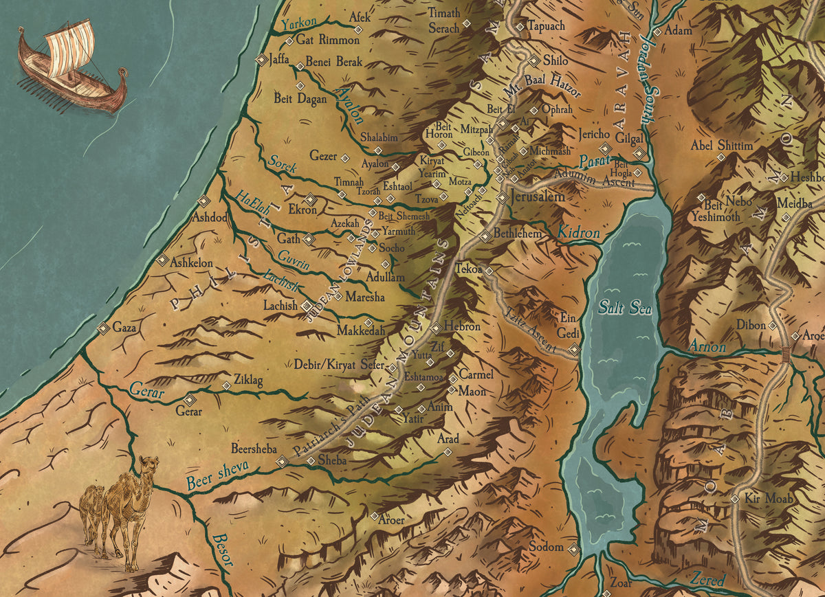 Close-up of the hand-drawn hills, Dead Sea and Jordan Valley on the map